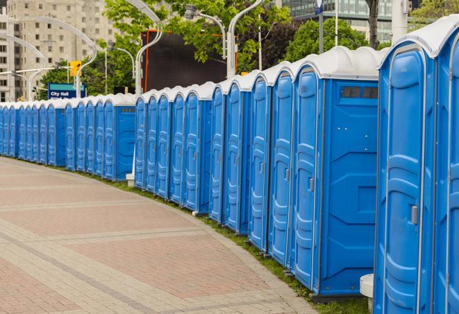 portable restrooms with sink and hand sanitizer stations, available at a festival in Guthrie